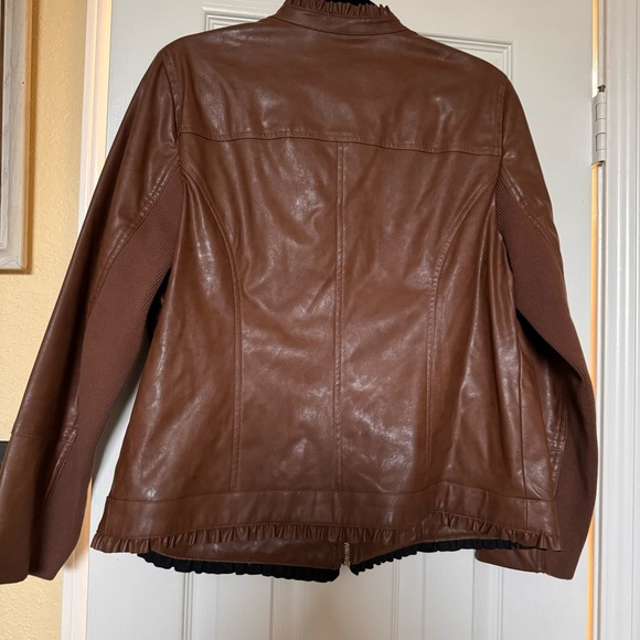 Chicos Ruffle Trim Faux Leather Jacket Macchiato Color Size 2 - Picture 2 of 3